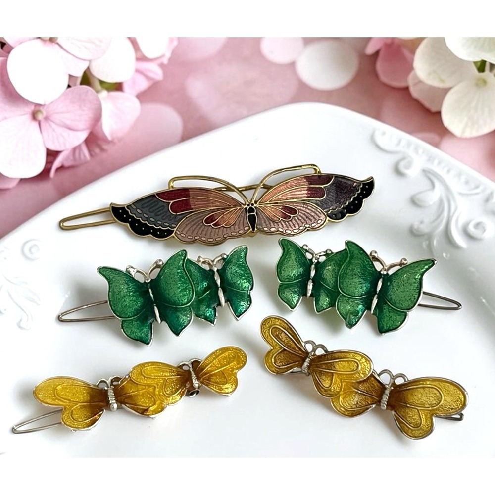 Vtg 1980's Butterfly 2 Enamel and 1 Cloisonne Barrettes Yellow Green 5 pcs.